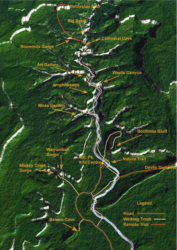 Map of Carnarvon Gorge's walking trails.
